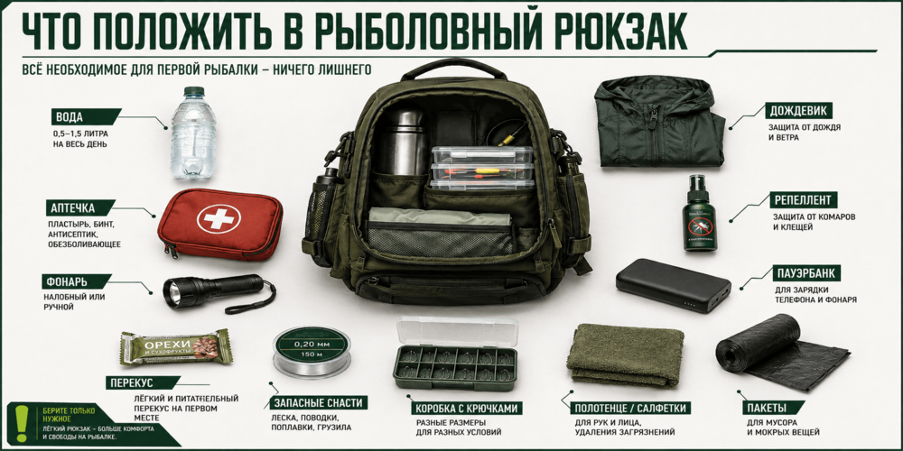 Содержимое рюкзака для первой рыбалки: вода, аптечка, фонарь, дождевик, репеллент, запасные снасти