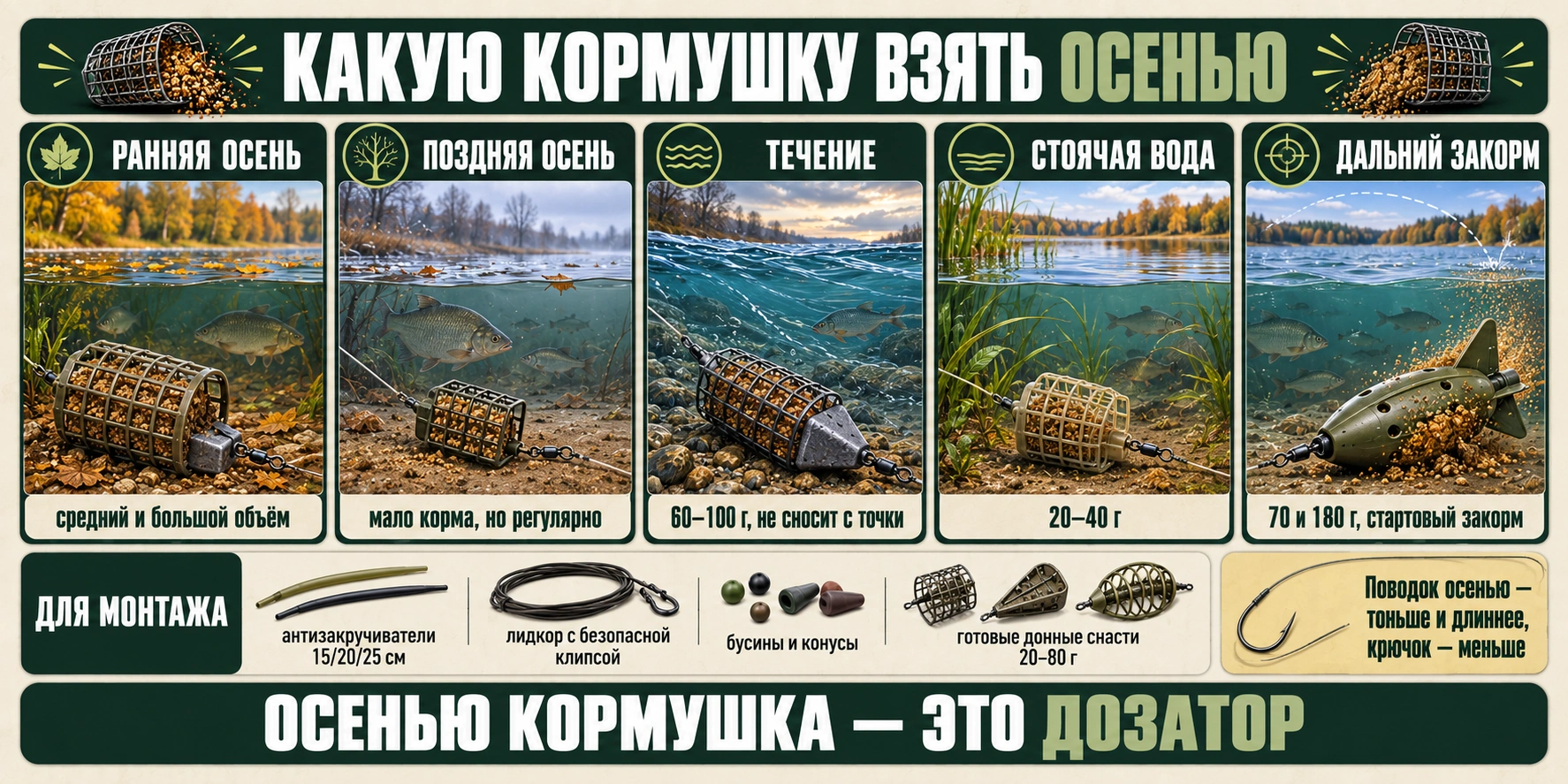 Выбор кормушки осенью по объёму, массе и условиям ловли