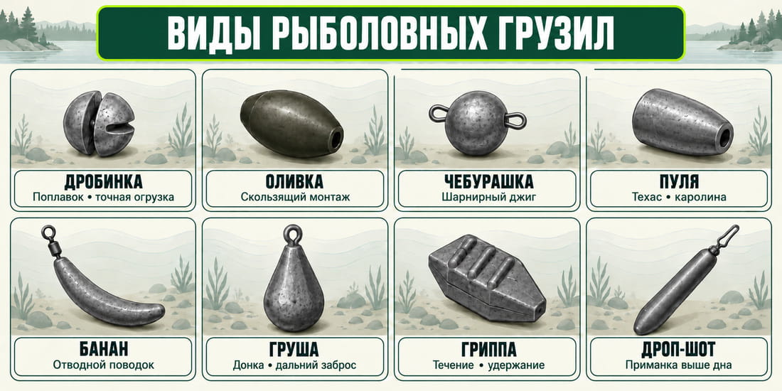 Основные формы рыболовных грузил и подходящие для них оснастки