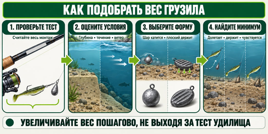Схема выбора веса грузила по тесту удилища, глубине и силе течения