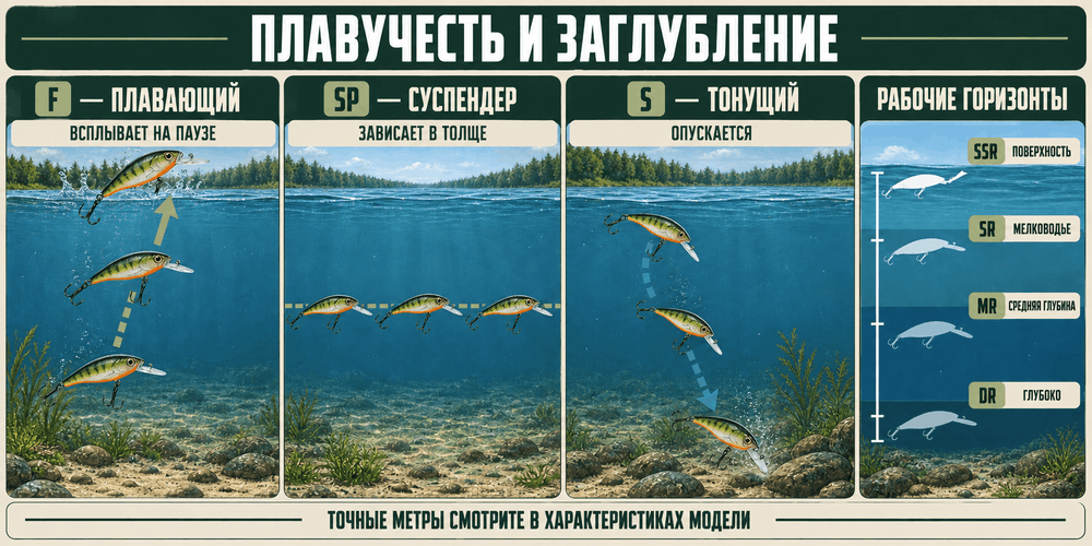 Маркировка плавучести и рабочие горизонты воблеров