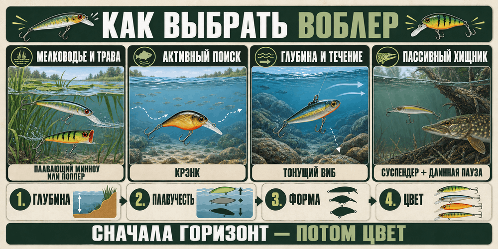 Выбор типа воблера по глубине, течению, растительности и активности хищника